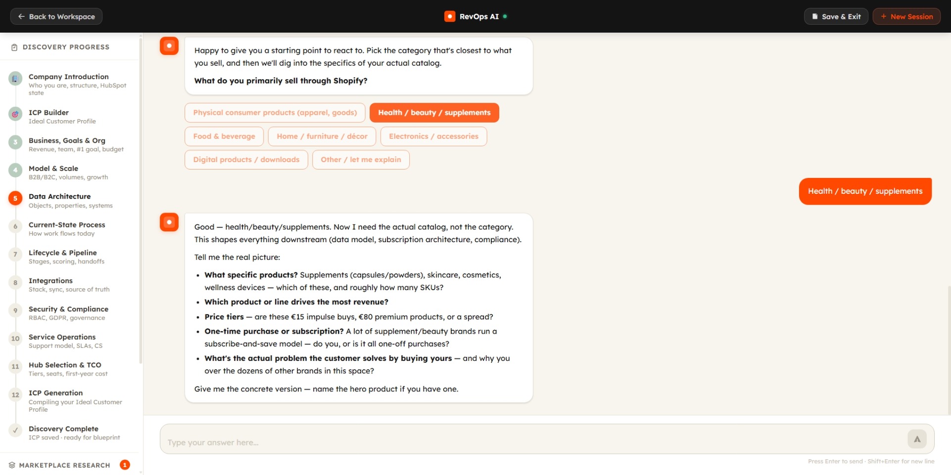 SageSchema AI discovery interview in progress, showing the six-pillar discovery progress sidebar and the live one-question-at-a-time chat